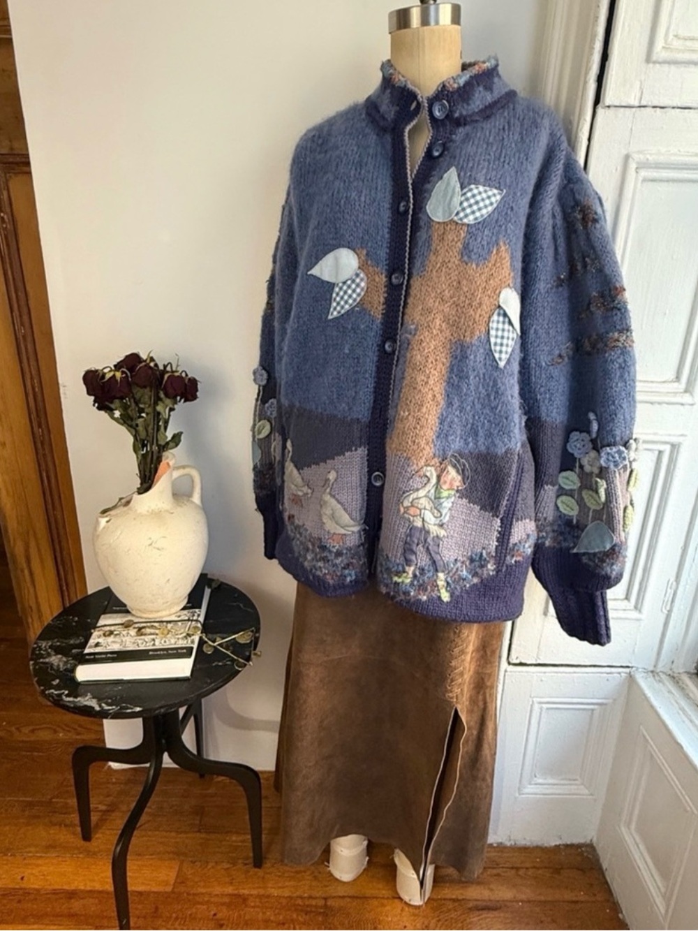 Hand Knit Wool Mohair Cardigan Artisan Storybook Appliqué Sweater Oversized
